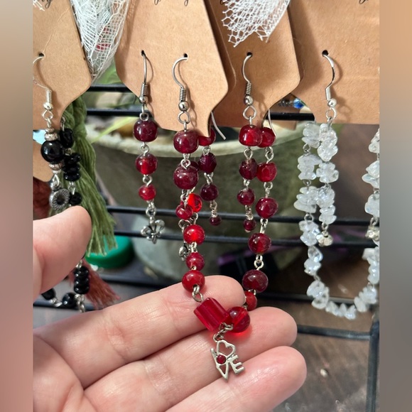 4-Tier Red Amber Gems, 925s Dangle Earring+Bracelet w/Sweet Ruby L♥️VE CHARM Set - Picture 8 of 16